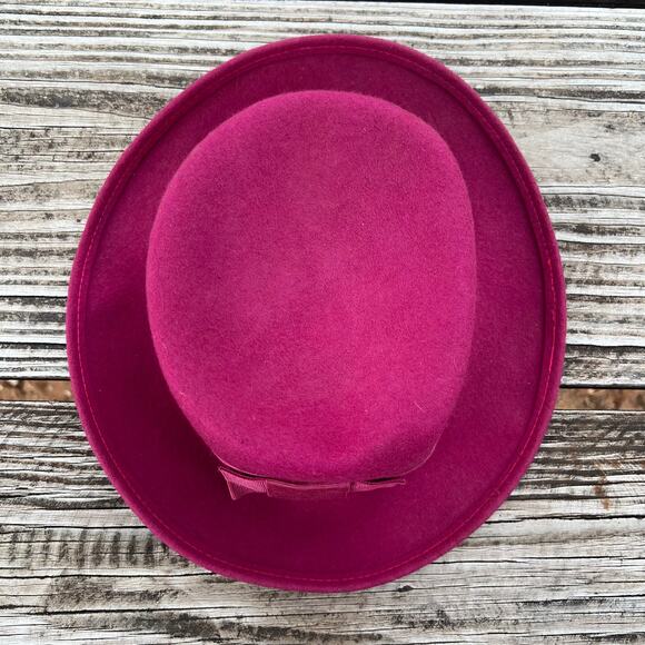 Vintage Nordstrom Magenta Wool Hat | Italy 90s Blossom Style Bow Boater Pork Pie - Picture 5 of 11
